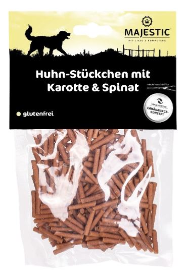 Majestic Huhn Stückchen mit Karotte und Spinat 100 g Majestic Huhn Stückchen mit Karotte und Spinat 100 g