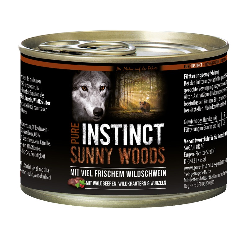 PI-SUNNY-WOODS-Wildschwein-200g_109421_SAGAFLOR_AG-Web Pure Instinct Wildschwein Sunny Woods 200 g Dose