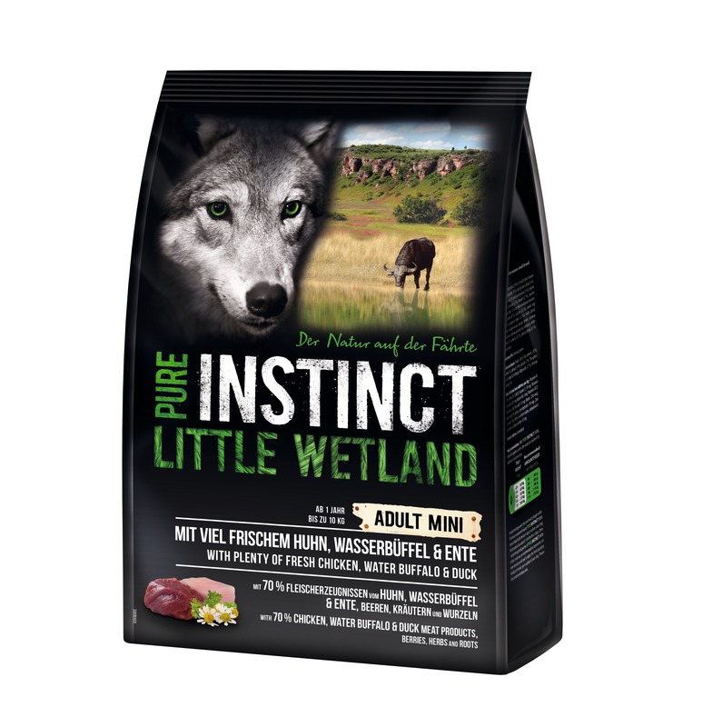 PURE-INSTINCT-Little-Wetland-1kg_184756_SAGAFLOR_AG_Web_4056727121883 Pure Instinct Mini Little Wetland Huhn, Wasserbüffel und Ente 4 kg